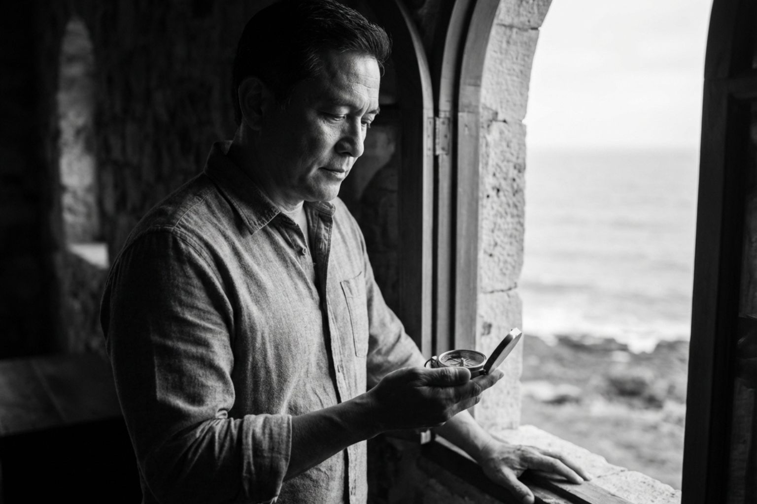 Identity Drift: man peering down at compass on black and white